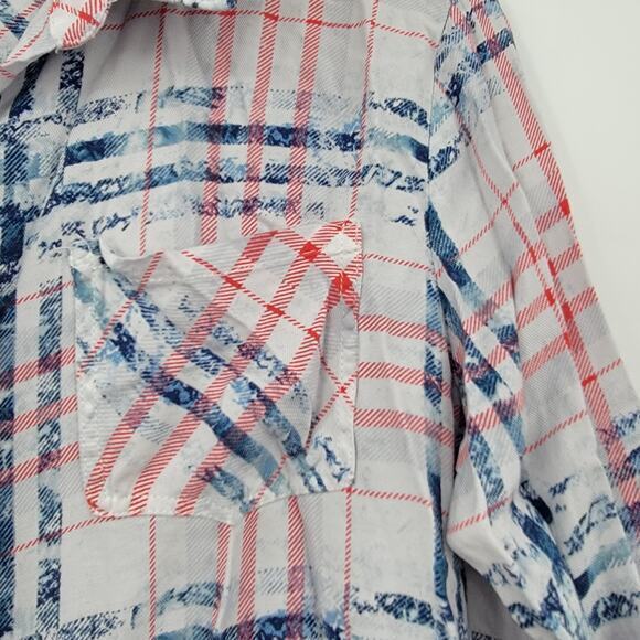 Signature Studio Women's Plaid Button Down Roll Tab Sleeve Shirt Red White‎ Blue - Picture 8 of 11